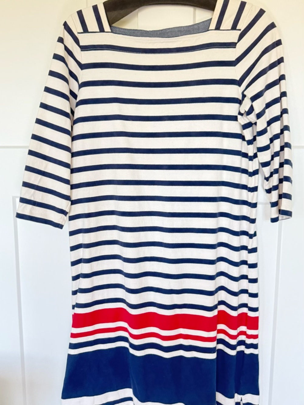 LL Bean Striped Boatneck Shift Dress with Navy and Red Stripes
